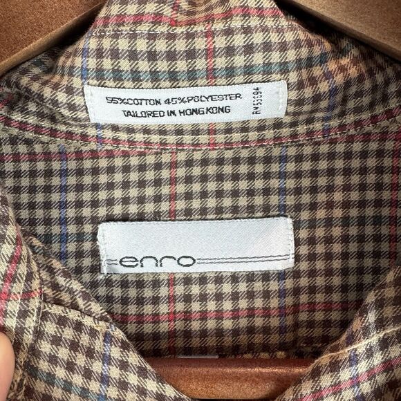 Enro Button Down Shirt Mens Medium Long Sleeve Plaid Brown Red Blue Pocket - Picture 5 of 8